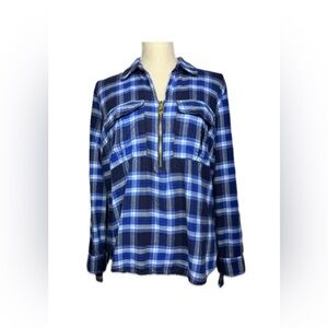 Michael Kors Blue White Plaid Flannel Shirt Women L Roll Tab Sleeve Gold Logo